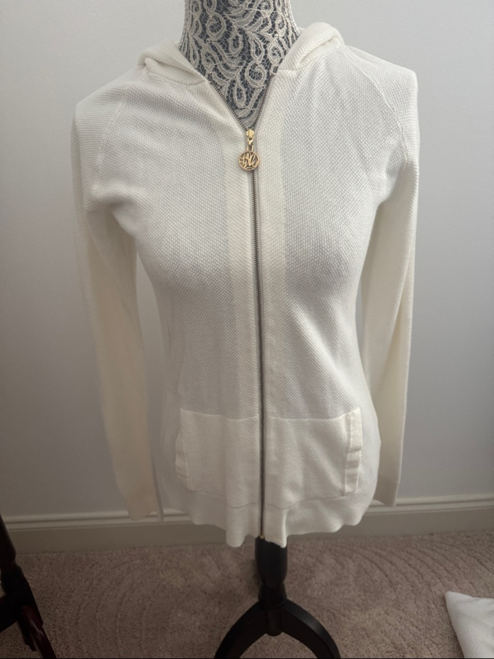 Lilly Pulitzer Cream Zip-Up Hooded Sweater with Gold Zip Pull